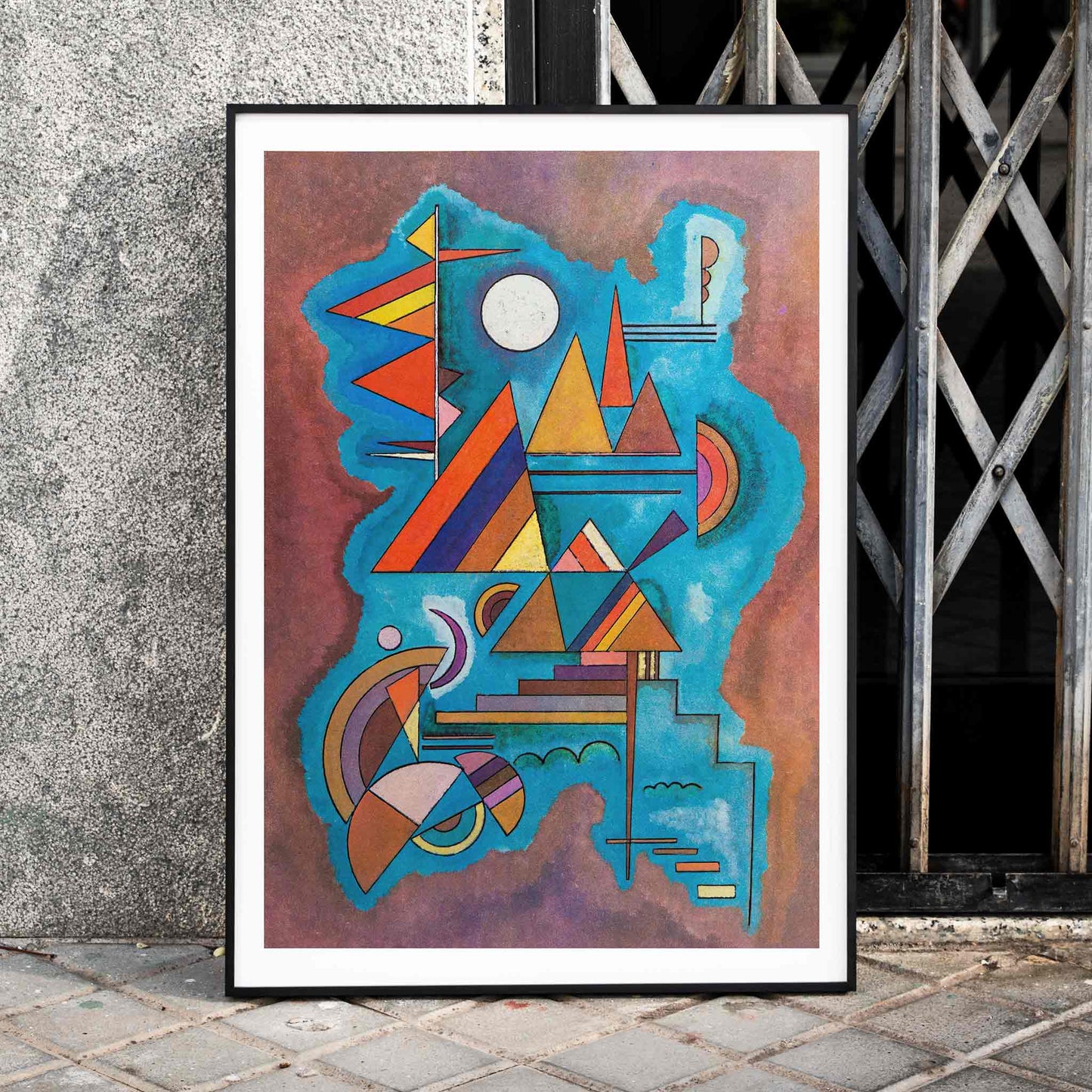 Abstract geometric shapes in vivid colors on blue watercolor background artwork Standing by Wassily Kandinsky, framed and displayed in home decor