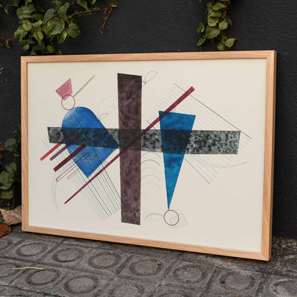 Abstract geometric poster with blue and red shapes artwork Blau in Rund und Spitz by Wassily Kandinsky, framed and displayed in home decor