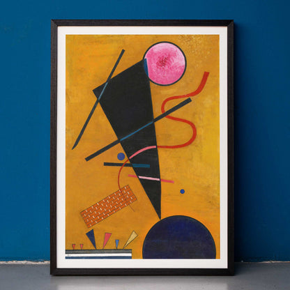 Abstract geometric artwork with colorful shapes on ochre and yellow backgrounds Berührung Contact by Wassily Kandinsky, framed and displayed in home decor
