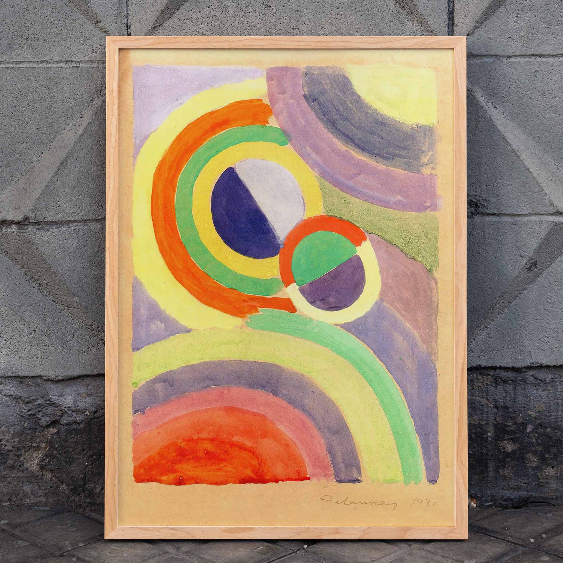 Abstract colorful circular forms and geometric shapes painting by Robert Delaunay titled Composition poster for wall decor, framed and displayed in home decor