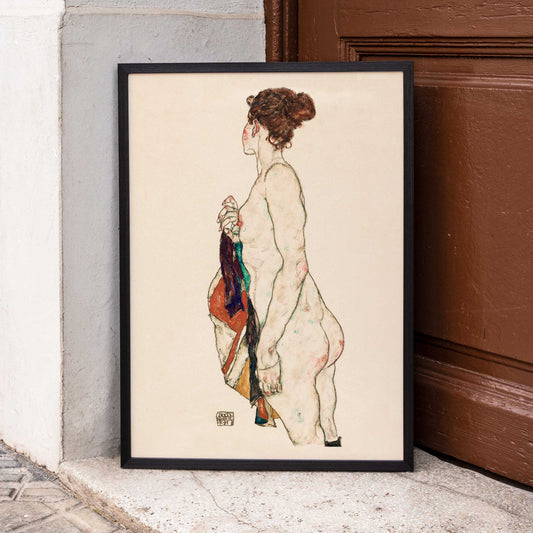 Standing nude woman with a patterned robe artwork by Egon Schiele side view and colorful robe poster, framed and displayed in home decor
