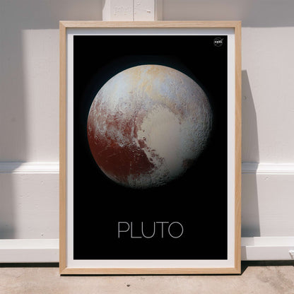 Pluto by NASA black framed poster featuring detailed surface textures, framed and displayed in home decor