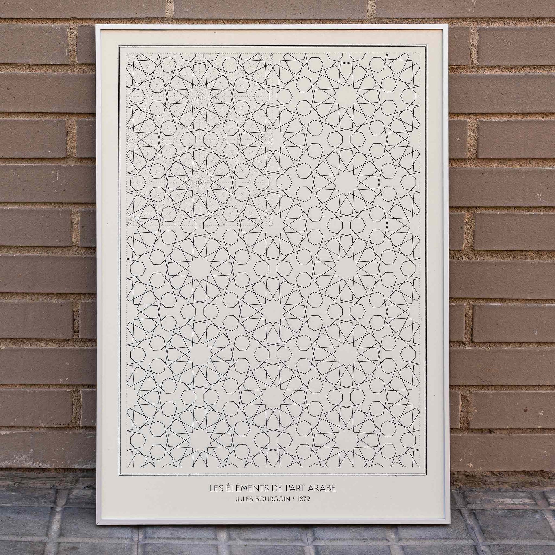 Intricate geometric patterns by Jules Bourgoin from Les elements de l art arabe poster, framed and displayed in home decor
