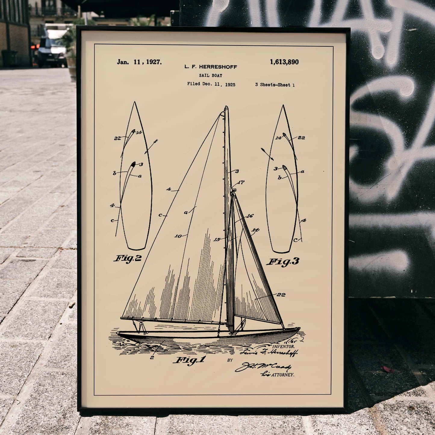 Vintage sailboat patent drawing and poster by L F Herreshoff featuring detailed technical sailboat artwork and schematics, framed and displayed in home decor