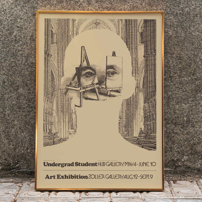 Undergrad student art exhibition poster by Lanny Sommese featuring surreal silhouette face and easels in a cathedral backdrop, framed and displayed in home decor