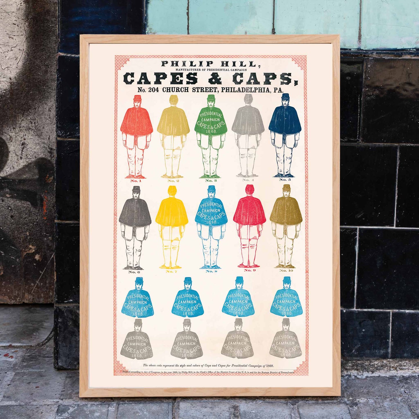 Colorful print and poster of campaign capes and caps for Presidential Campaign of 1868 titled Capes and Caps by Philip Hill and anonymous artist, framed and displayed in home decor