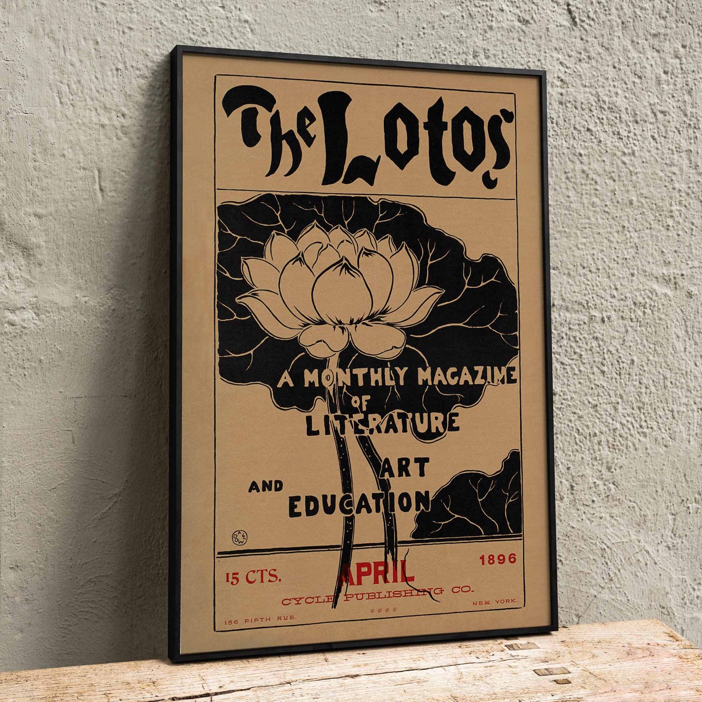 The Lotos monthly magazine cover and poster by Arthur Wesley Dow featuring lotus flower illustration and art education themed typography, framed and displayed in home decor