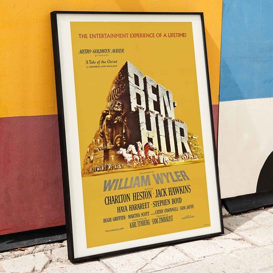 Ben-Hur film poster by William Wyler with Charlton Heston Jack Hawkins large stone chariot race horses and ancient Roman architecture, framed and displayed in home decor