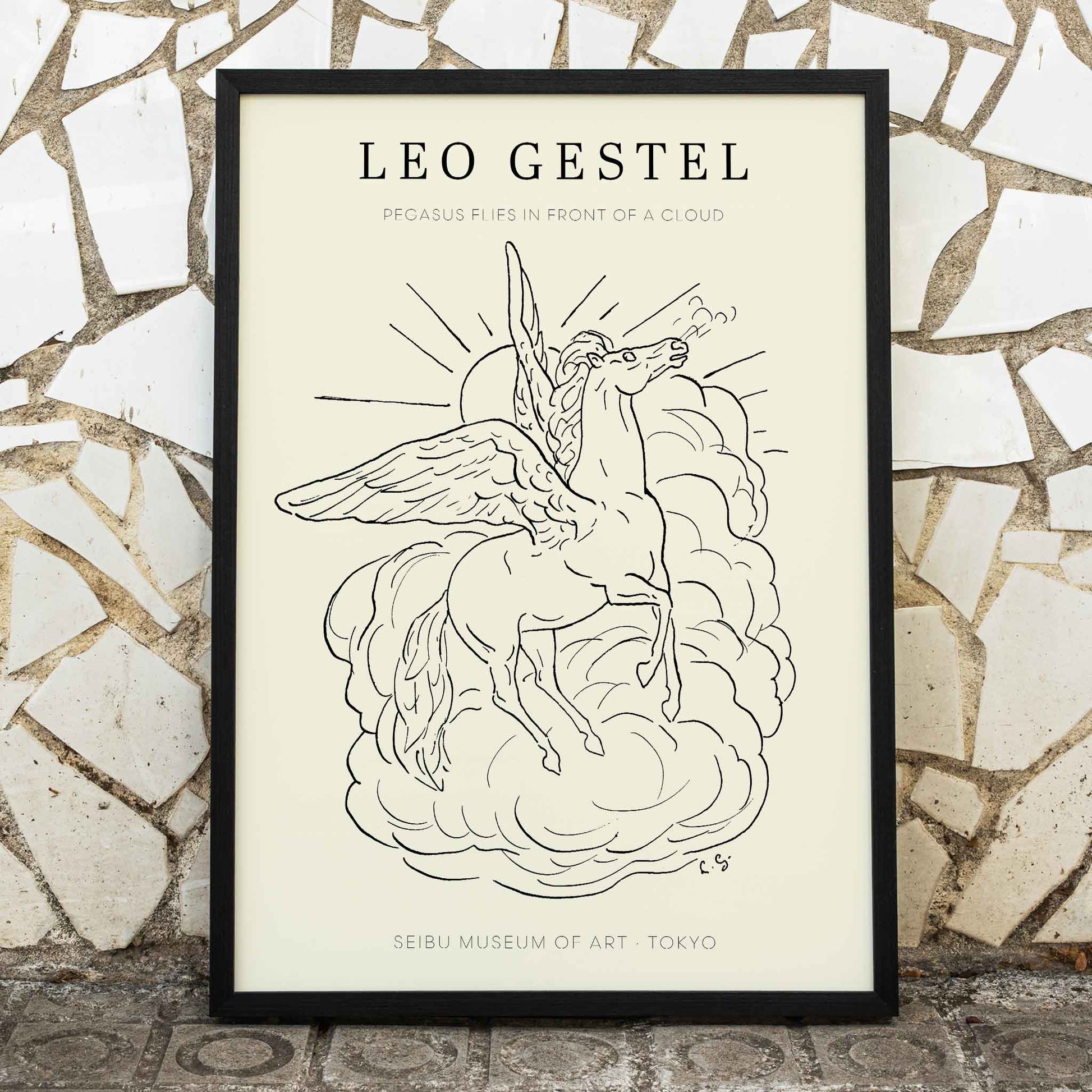 Pegasus flying in front of clouds line drawing illustration by Leo Gestel poster, framed and displayed in home decor