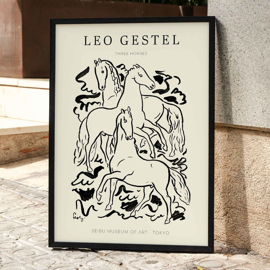 Three Horses by Leo Gestel black and white illustration of three horses in dynamic poses poster, framed and displayed in home decor