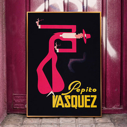 Abstract figure in bright colors pink and red on black background Pepito Vasquez by Tito Livio De Madrazo poster, framed and displayed in home decor