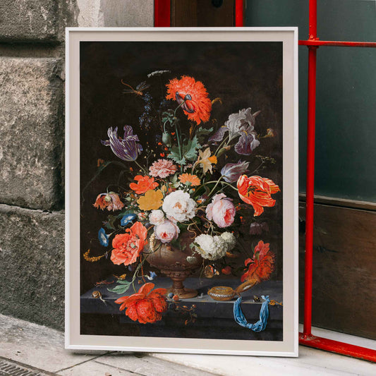 Colorful bouquet of flowers in a vase with a watch vibrant floral arrangement by Abraham Mignon Still Life with Flowers and a Watch poster, framed and displayed in home decor