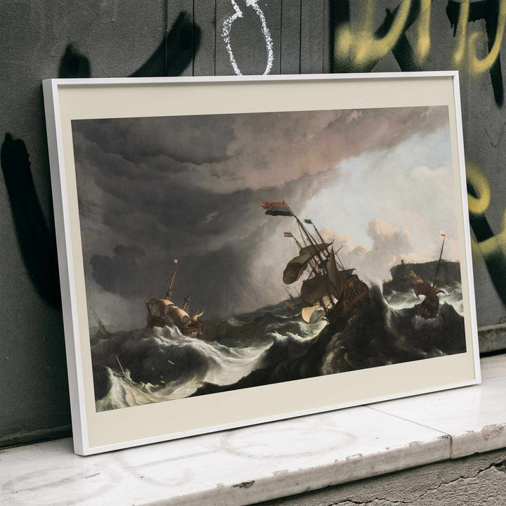 Stormy seascape with sailing ships and dramatic sky by Ludolf Bakhuysen poster of stormy sea with ships battling large waves perfect for nautical and art enthusiasts, framed and displayed in home decor