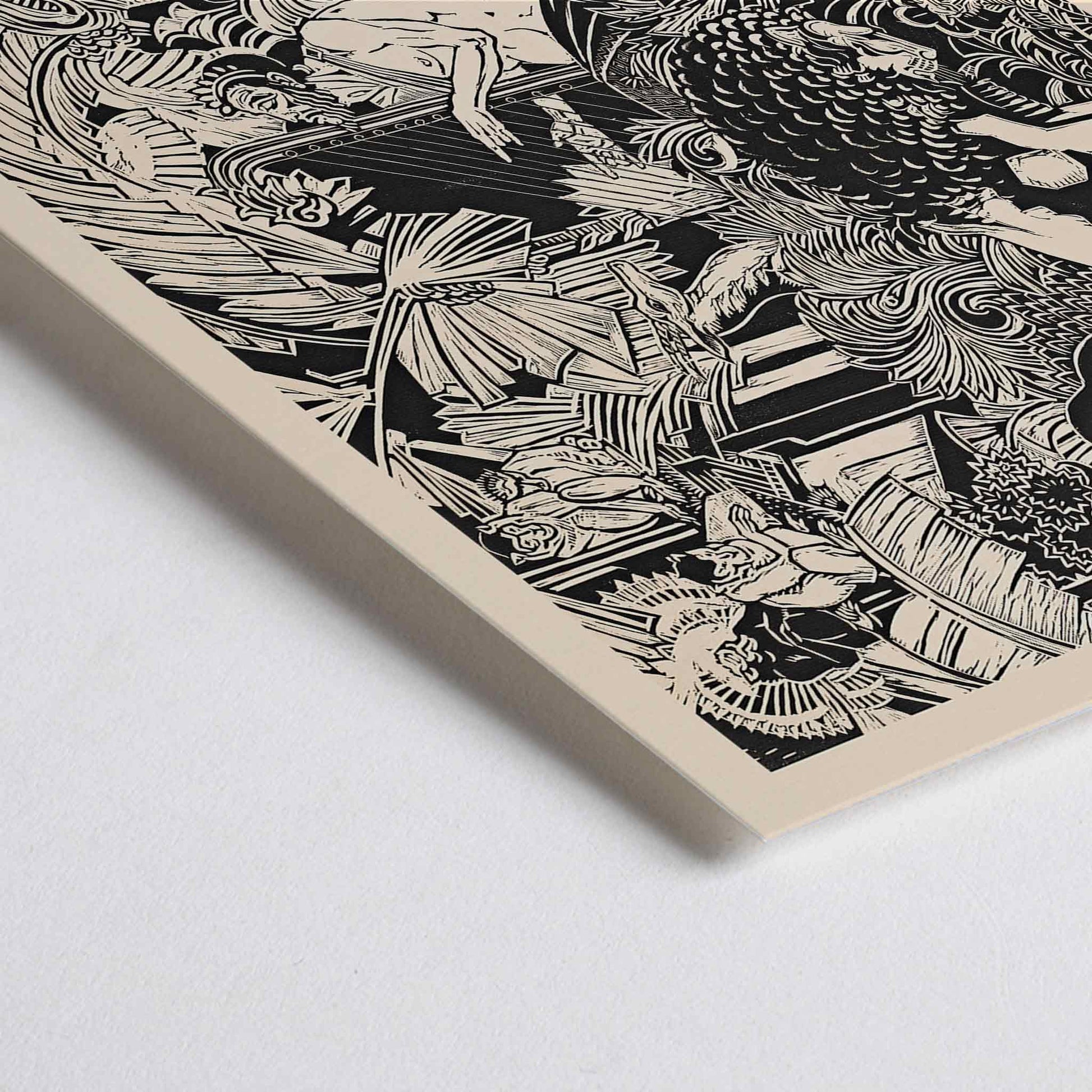 Closeup detail of Orpheus playing harp surrounded by animals in lush jungle artwork by Henri van der Stok poster