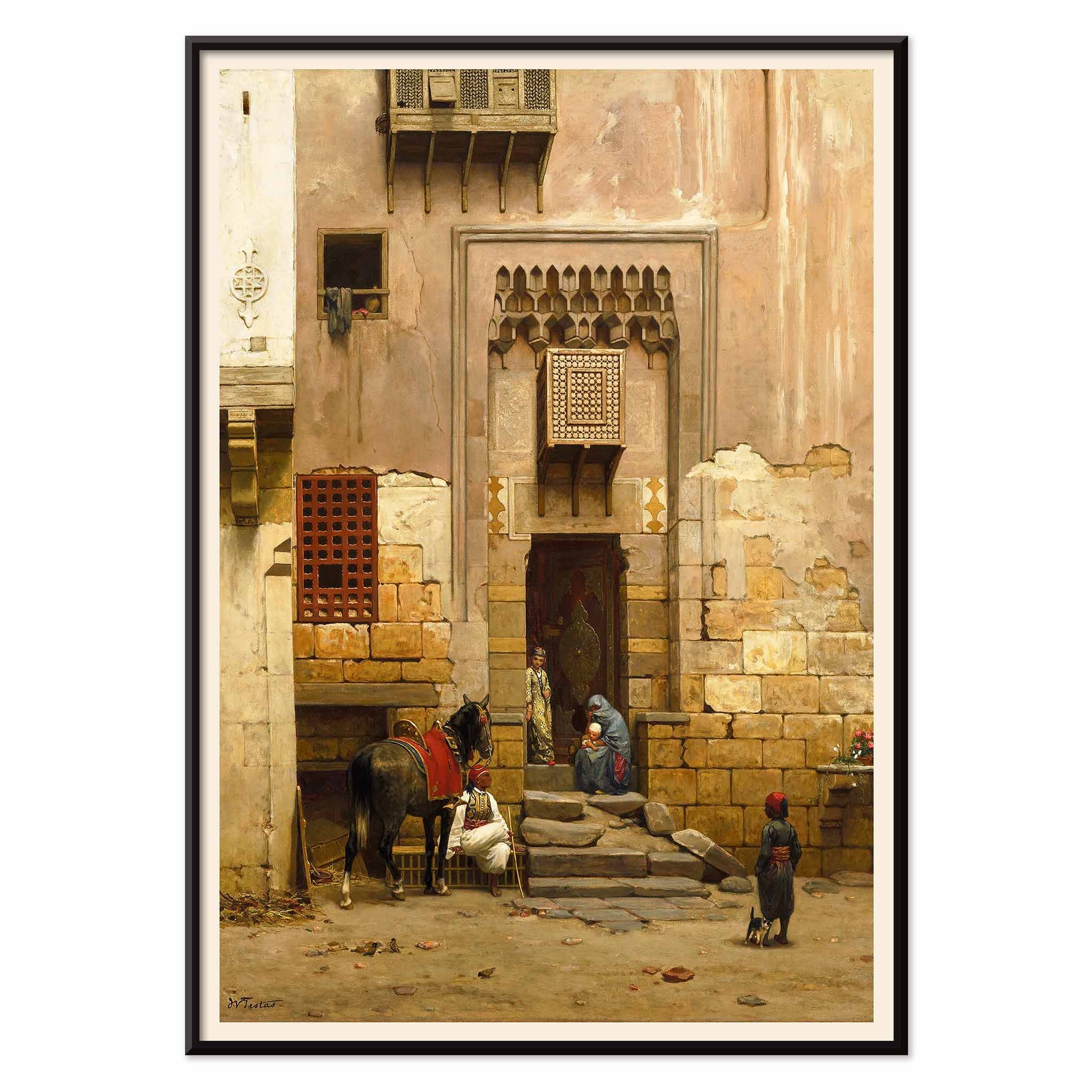 People and a horse in a sunlit Middle Eastern courtyard from The Courtyard of a house in Cairo by Willem de Famars Testas poster with architectural details, with black aluminium frame on white background