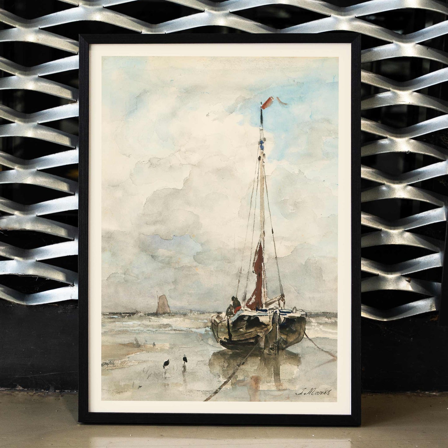 Sail boat on sandy beach under cloudy sky artwork by Jacob Maris poster inspired by Sail boat on the beach, framed and displayed in modern living room decor