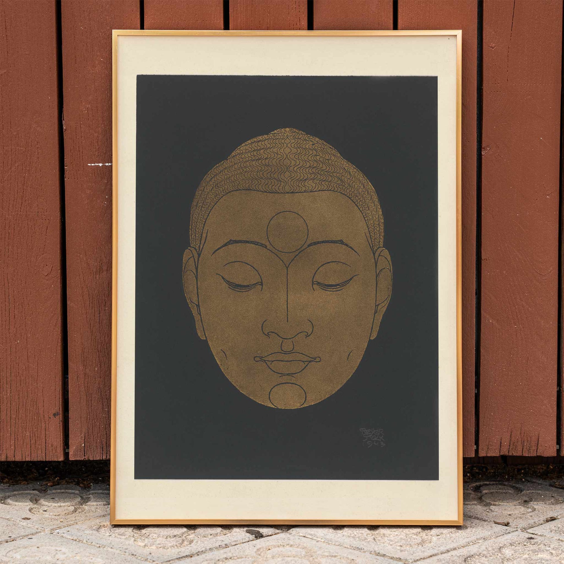 Minimalist golden Buddha head illustration artwork by Reijer Stolk on dark background poster titled Head of Buddha, framed and displayed in home decor