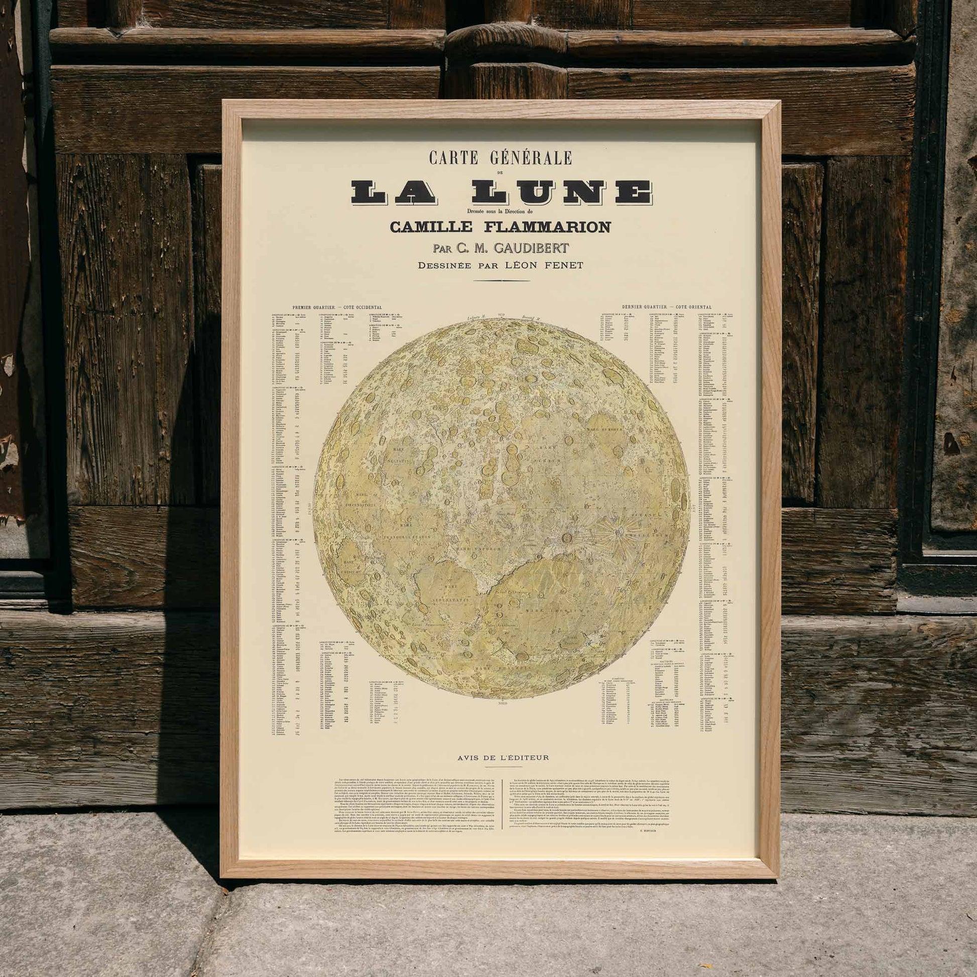 Carte Général de la Lune poster detailed lunar map by Camille Flammarion C M Gaudibert and Léon Fenet, framed and displayed in home decor