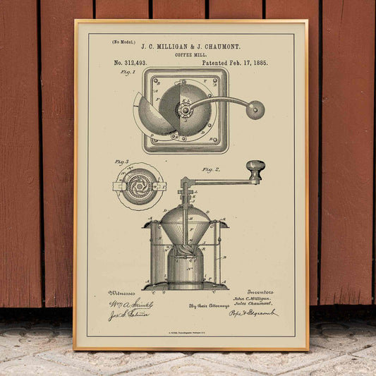 Detailed black and white illustration and patent poster of a mechanical coffee grinder by J C Milligan titled Coffee Mill showing detailed components, framed and displayed in home decor