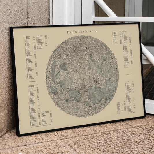 Detailed lunar surface illustration and poster with labeled features titled Map of the Moon by The Institute of Liepzig artwork, framed and displayed in home decor
