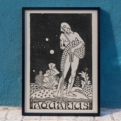 Aquarius zodiac sign artwork by Henri van der Stok featuring water bearer and nude figure pouring water in stylized landscape, framed and displayed in home decor