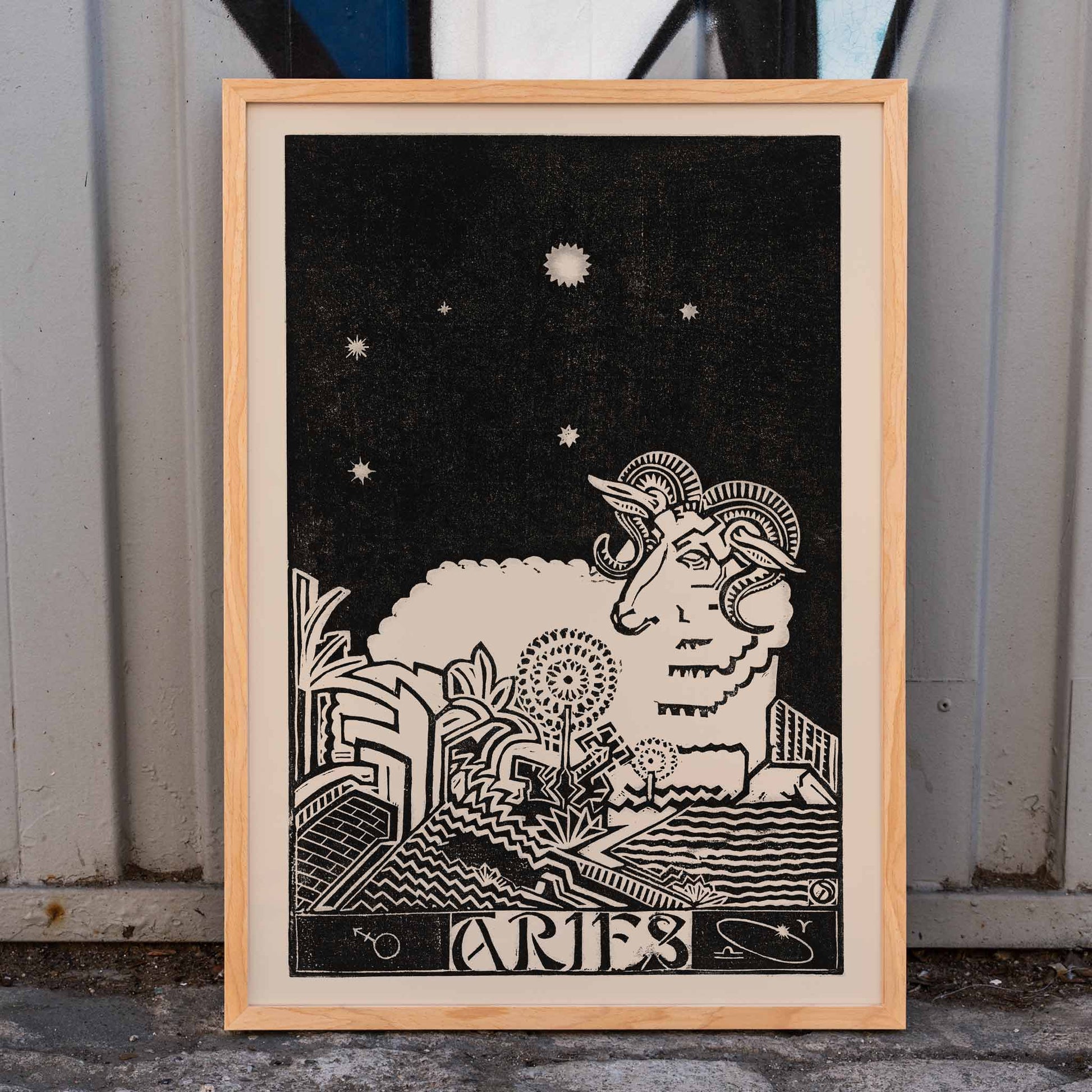 Aries constellation and artistic ram illustration by Henri van der Stok with stylized landscape and stars Zodiac signs Aries poster, framed and displayed in home decor