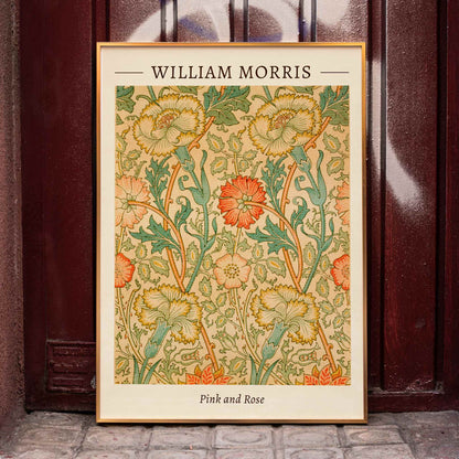 Floral pattern artwork Pink and Rose by William Morris with intricate botanical design decorative leaves and detailed flowers poster, framed and displayed in home decor