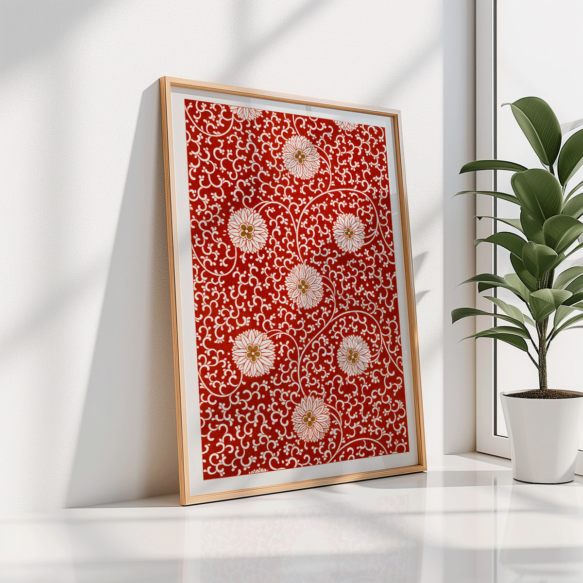 Red floral pattern artwork by Owen Jones from Chinese Ornament featuring intricate white flowers and swirling vines poster, framed and displayed in home decor