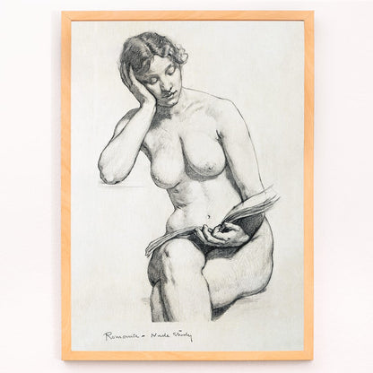 Nude Study 1896 by Kenion Cox pencil sketch of a seated nude woman reading a book contemplative expression art poster, framed and displayed in modern living room decor