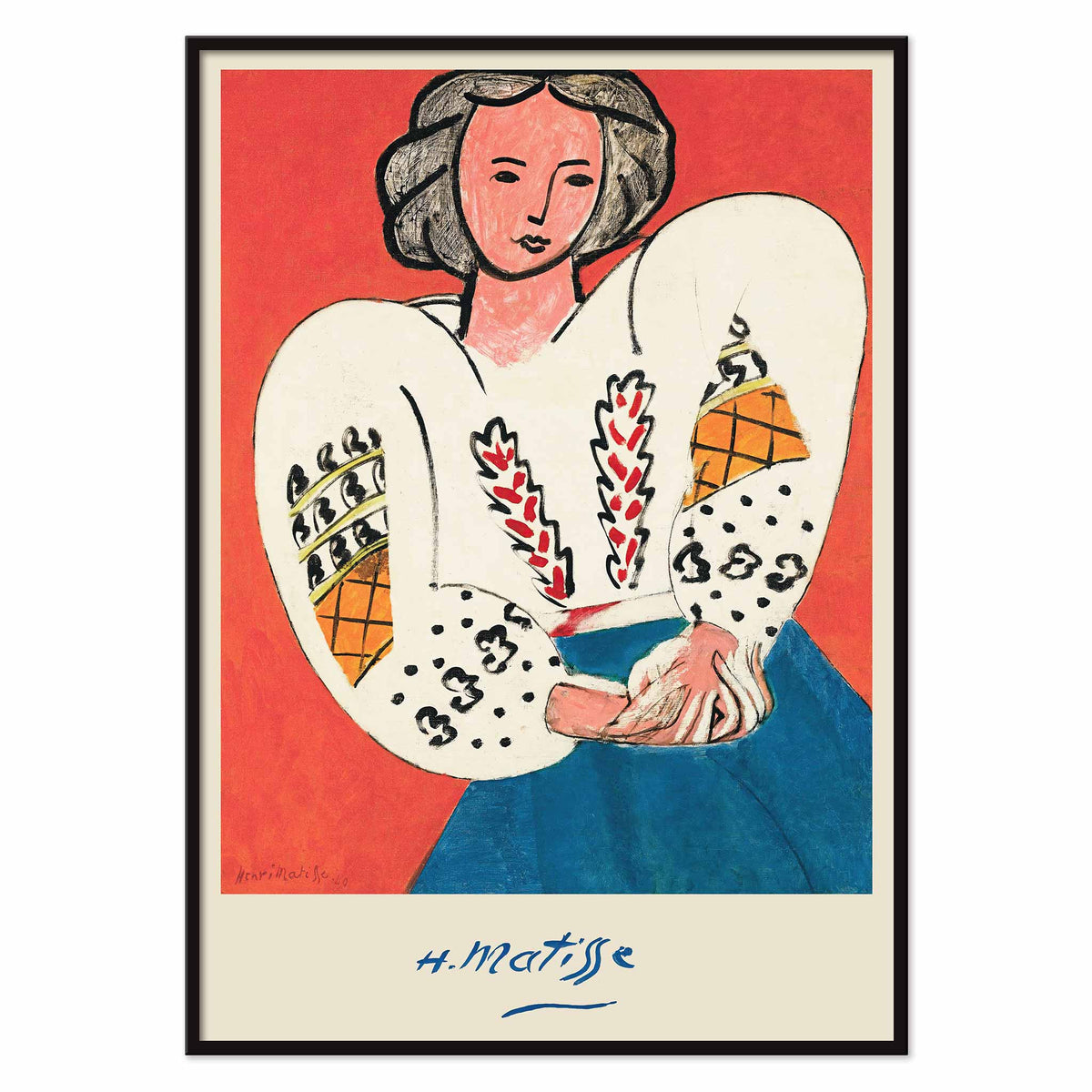 Henri Matisse The Romanian Blouse poster with woman in embroidered white blouse and blue skirt against red ground, with black aluminium frame on white background