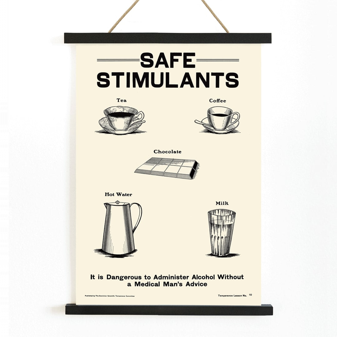 Dominion Scientific Temperance Committee illustration and poster promoting prohibition and safe alternatives to alcohol such as tea coffee chocolate hot water and milk, with wooden magnetic frame on white background