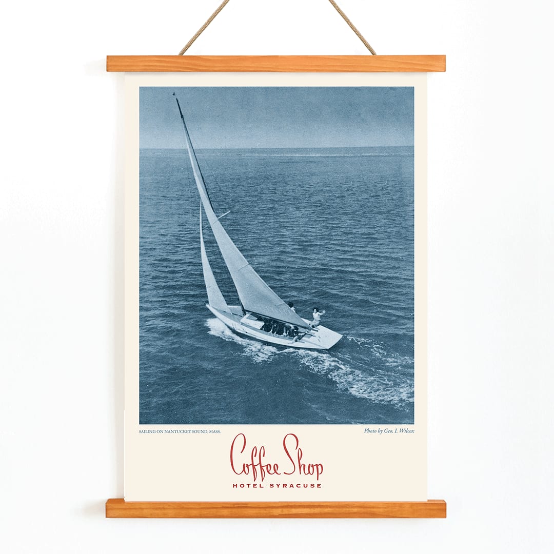 Vintage poster Coffee Shop Hotel Syracuse with sailboat on Nantucket Sound blue-toned photo by Geo I Wilcox, with wooden magnetic frame on white background