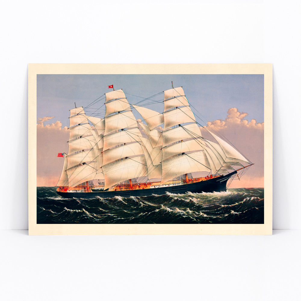 Clipper Ship Three Brothers by Currier and Ives majestic sailing ship poster at sea largest vessel in the world, framed and displayed in modern living room decor