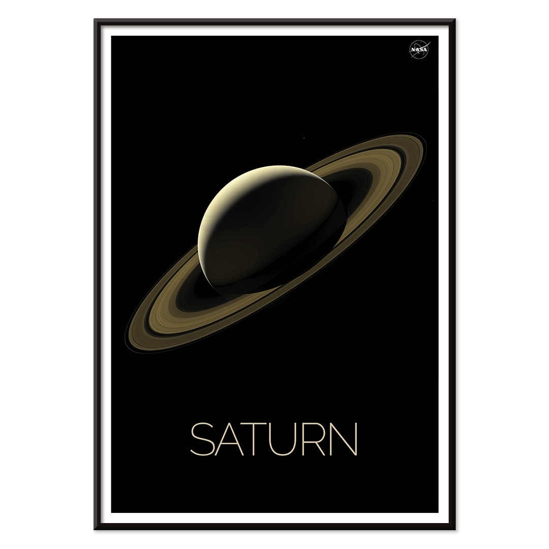 NASA illustration and poster of planet Saturn with rings against black background, with black aluminium frame on white background