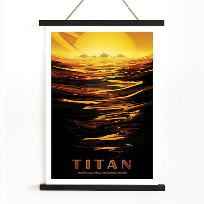 Futuristic boats on golden waves with Saturn in the background at sunset inspired by Titan Ride the tides through the throat of Kraken by NASA, with wooden magnetic frame on white background