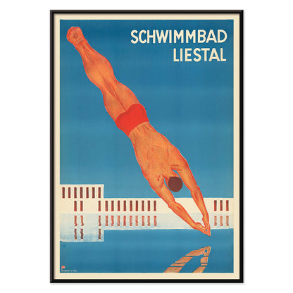 Schwimmbad Liestal poster by artist showing a man diving into a pool with a modern building in the background, with black aluminium frame on white background
