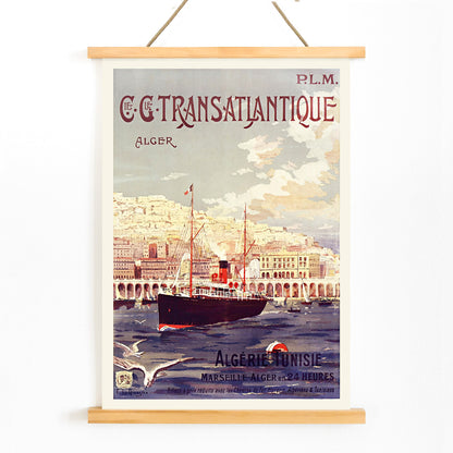 Vintage steamship in Algiers harbor with city buildings travel poster by Fernand Le Quesne Cie Cle Transatlantique, with wooden magnetic frame on white background