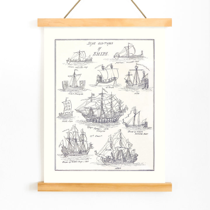 Historic ship illustrations and detailed pen sketches from Sea Pictures drawn with pen and pencil by James Macaulay, with wooden magnetic frame on white background