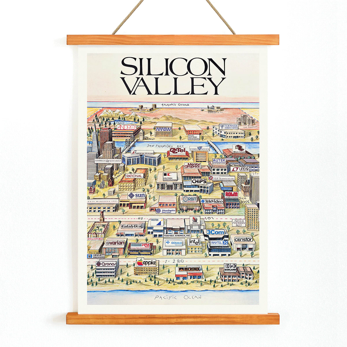 Silicon Valley Map poster by Kirby Scudder featuring tech company logos and notable companies illustration, with wooden magnetic frame on white background