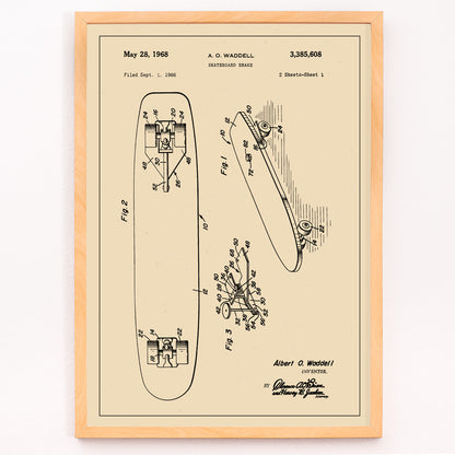 Closeup detail of Technical illustration and poster of skateboard brake concept by artist A O Waddell titled Skate Board Brake Patent featuring labeled technical drawings for wall decor