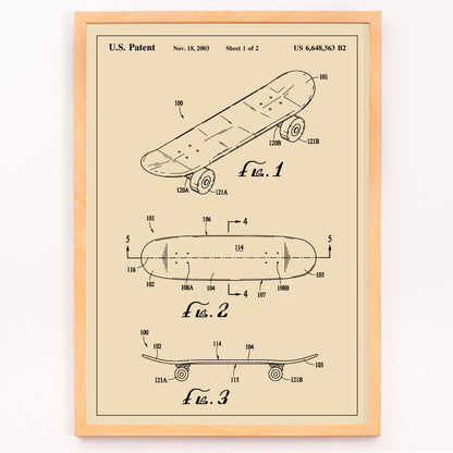 Closeup detail of Skateboard patent drawing and technical poster by US Patents ideal wall art decor