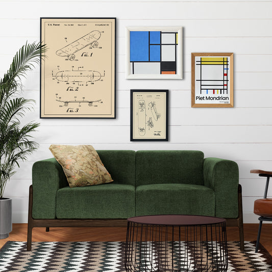 Skateboard patent drawing and technical poster by US Patents ideal wall art decor, framed and displayed in home decor