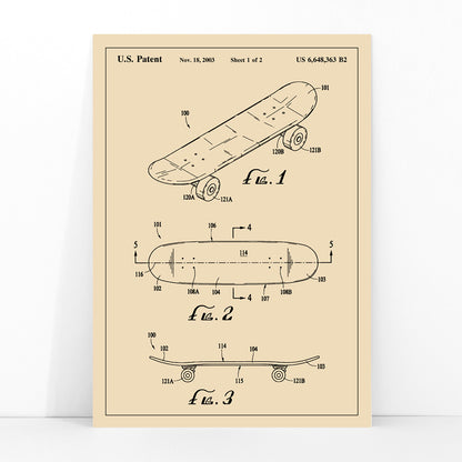 Skateboard patent drawing and technical poster by US Patents ideal wall art decor, framed and displayed in modern living room decor
