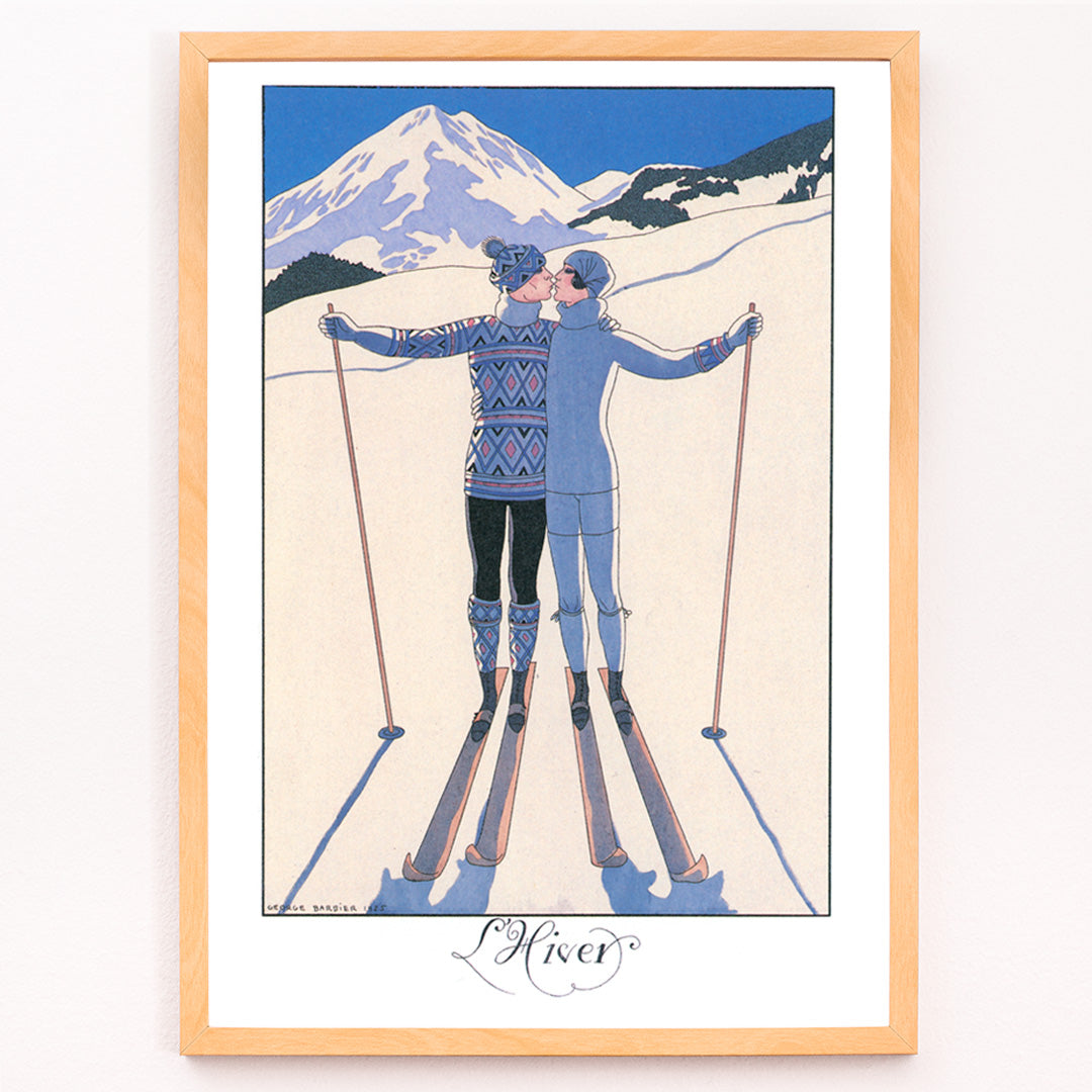 Closeup detail of Two skiers kissing in snowy mountain landscape L Hiver by George Barbier vintage poster artwork