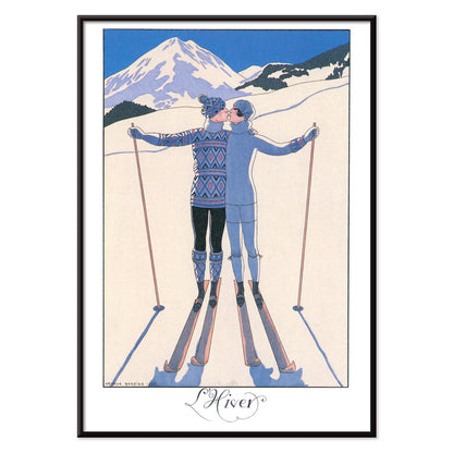 Two skiers kissing in snowy mountain landscape L Hiver by George Barbier vintage poster artwork, with black aluminium frame on white background