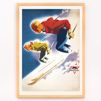 Closeup detail of Vintage skiing poster of man and woman skiing downhill in bold colors by Joseph Binder for Jantzen