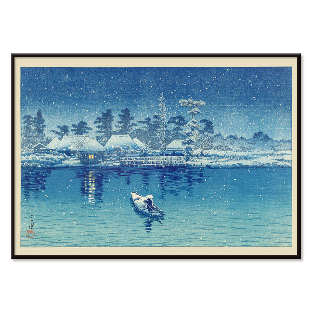 Snowy riverside village at night with boat and person by Kawase Hasui Ushibori Japanese art poster, with black aluminium frame on white background