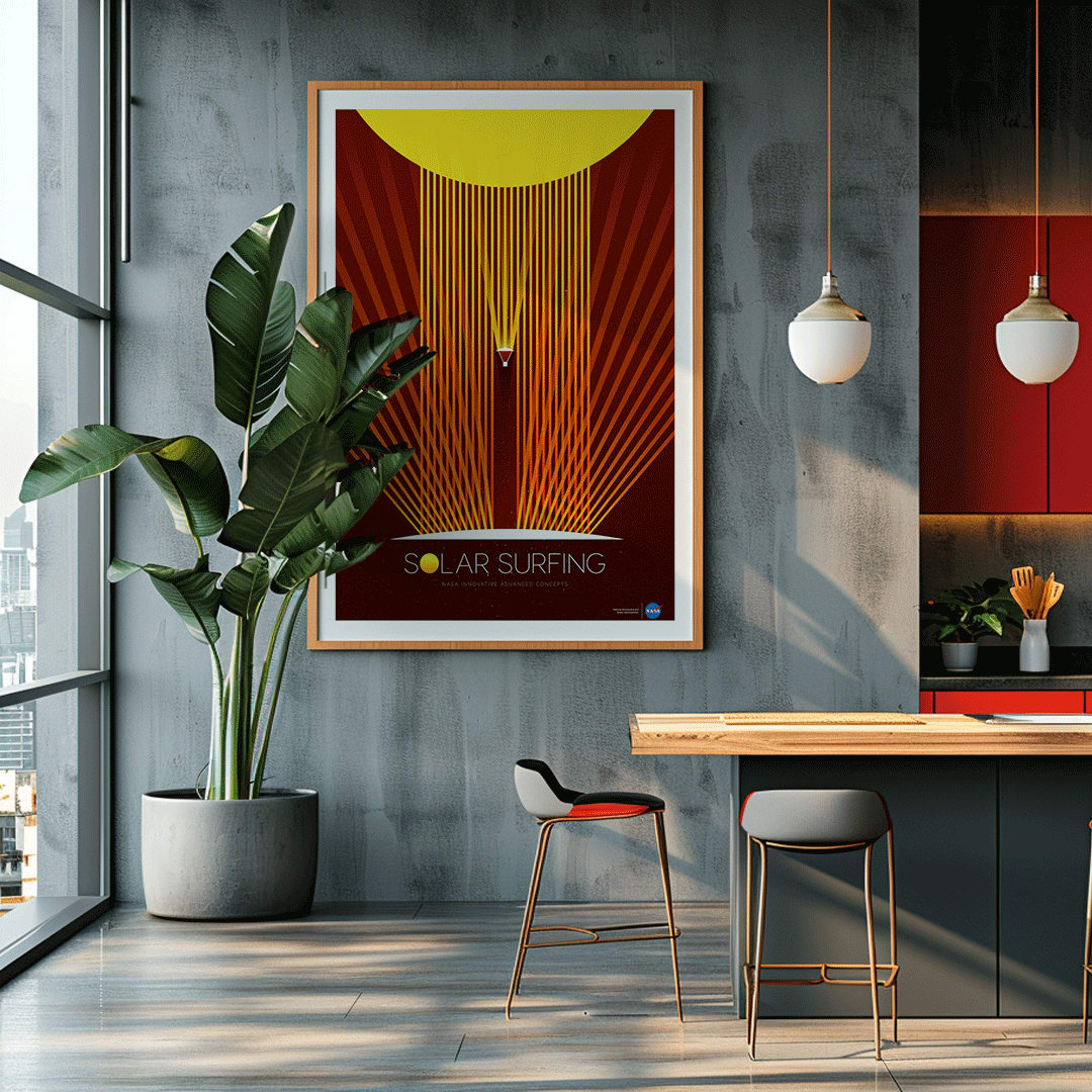 Solar Surfing by NASA poster featuring a stylized spacecraft surfing solar flares from a bright yellow sun with orange rays and geometric design, framed and displayed in home decor