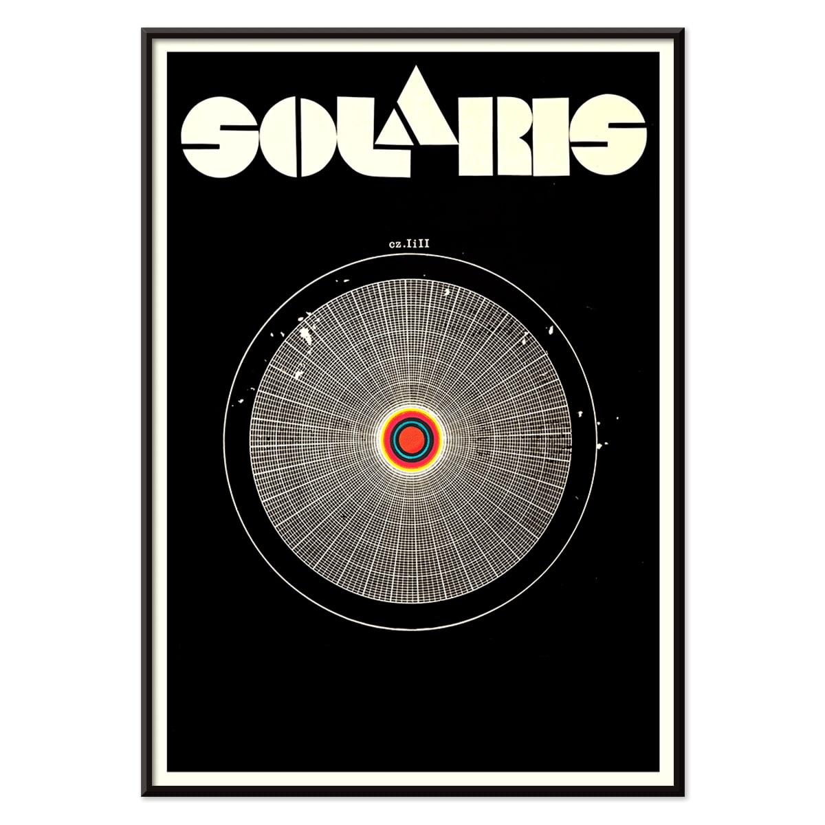 Solaris Movie Poster abstract cosmic and circular design with intricate vibrant patterns on black background by Daniela Narvaez and anonymous artist, with black aluminium frame on white background