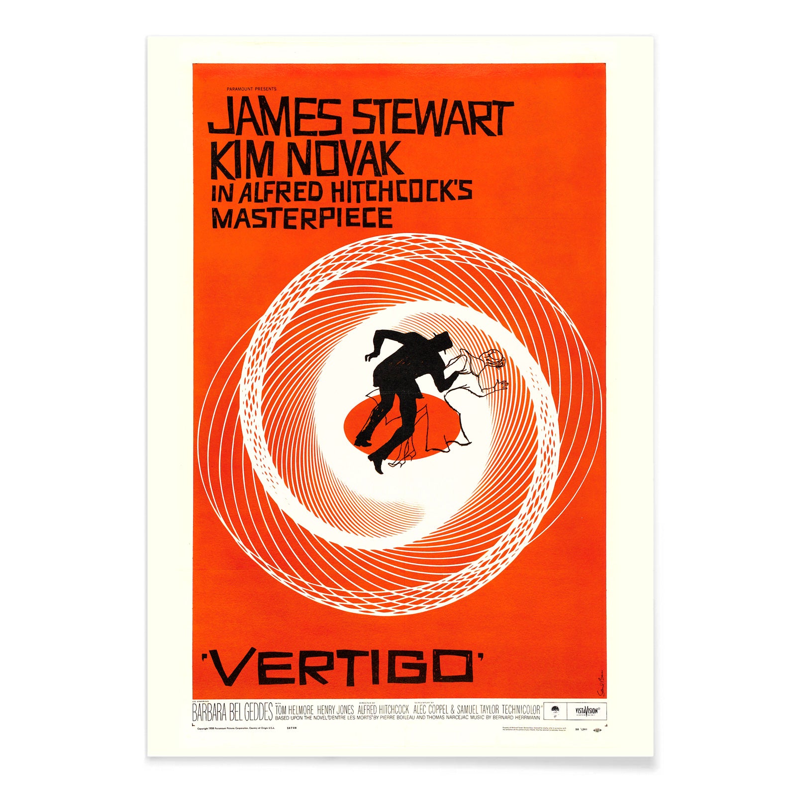 Vertigo movie poster by Saul Bass featuring vibrant orange background swirling spiral and silhouetted figures graphic design, with black aluminium frame on white background